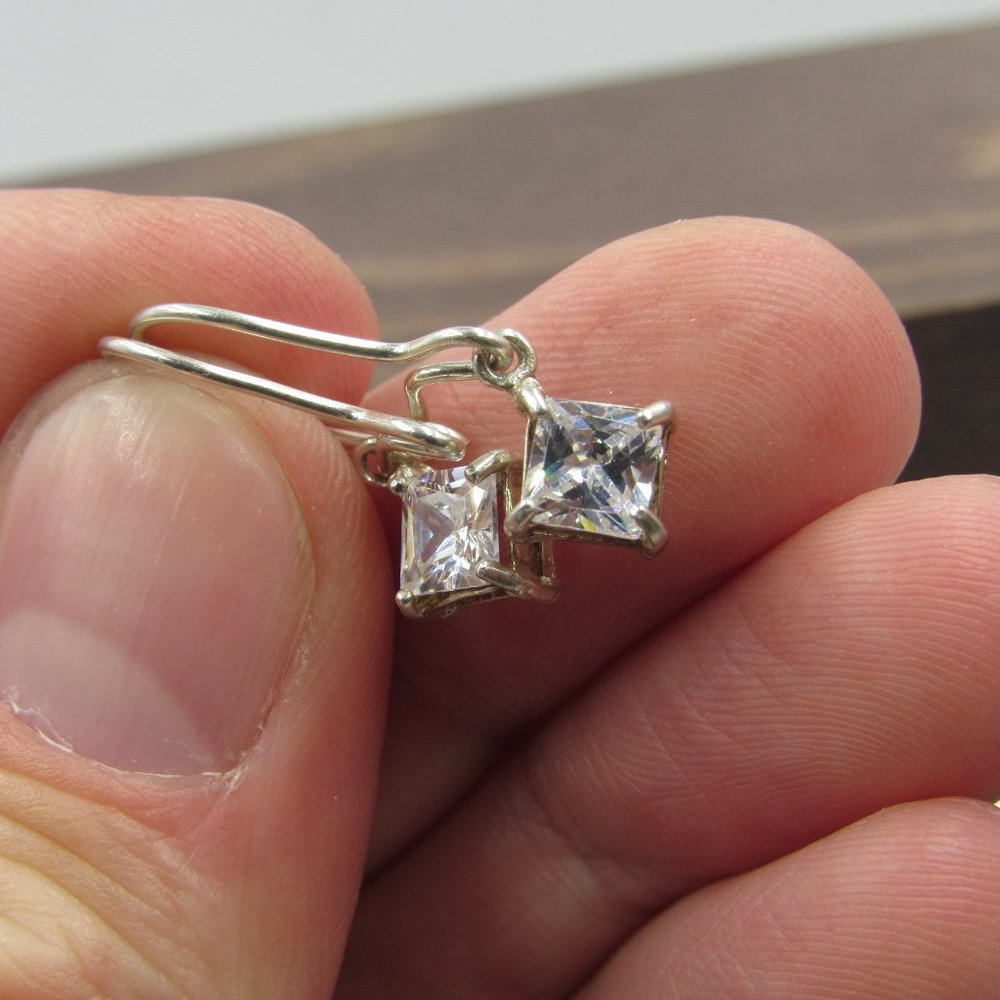 Sterling Silver Square CZ Diamond Earrings Vintage - Picture 2 of 7